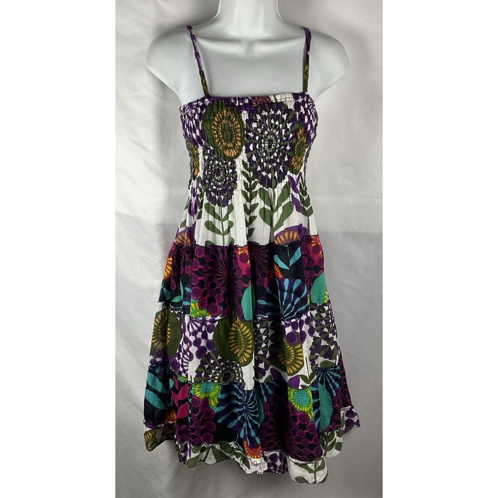 Urban Nomad Women's Small/ Medium Boho Dress Strappy Tiered Smocked Top Colorful